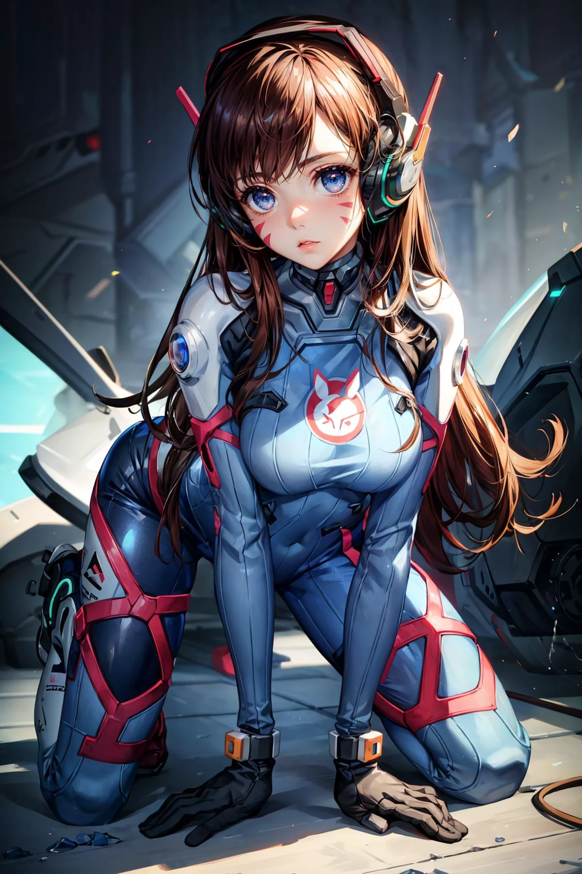 1girl, On all fours pose, <lora:d.va_v1:0.8> aahana, hana, dva, long hair, brown hair, headphones, whisker markings, shoulder pads, blue bodysuit, ribbed bodysuit, animal print, clothes writing, long sleeves, white gloves, ((detailed)), ((best quality)), ((masterpiece)), extremely detailed CG unity 8k wallpaper, 32k, focus sharp, <lora:add_detail:0.8> <lora:lora_perfecteyes_v1_from_v1_160:0.8> photo of perfecteyes eyes, perfecteyes eyes <lora:Light and Shadow:0.5>