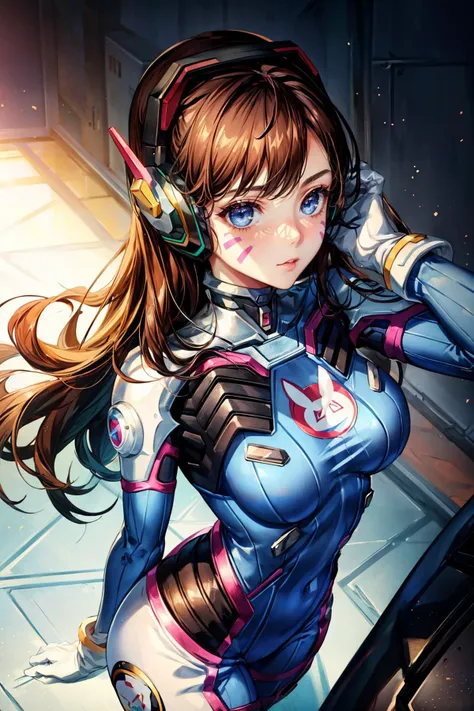 1girl,Ass view pose from above, <lora:d.va_v1:0.8> aahana, hana, dva, long hair, brown hair, headphones, whisker markings, shoulder pads, blue bodysuit, ribbed bodysuit, animal print, clothes writing, long sleeves, white gloves, ((detailed)), ((best quality)), ((masterpiece)), extremely detailed CG unity 8k wallpaper, 32k, focus sharp, <lora:add_detail:0.8> <lora:lora_perfecteyes_v1_from_v1_160:0.8> photo of perfecteyes eyes, perfecteyes eyes <lora:Light and Shadow:0.5>