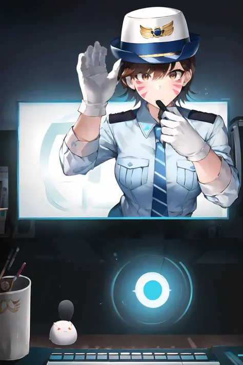 cchana emerging through screen, 1girl, korean police officer, computer monitor on a desk, (stuck monitor), keyboard \(computer\), blowing a whistle (object), angry, puffed cheeks, stop hand sign, short hair, brown hair, (whisker markings:1.5), (police hat, white headwear, police uniform, striped necktie, blue shirt, collared shirt, breast pocket, long sleeves, white gloves), desktop, dimly lit, teal lighting, <lora:ThroughScreenStuckMonitorUpperBodyV3f:1> <lora:d.va_v1:0.7> <lora:epi_noiseoffset2:0.8>, masterpiece, best quality, CG, wallpaper, HDR, high quality, high-definition, stylized,