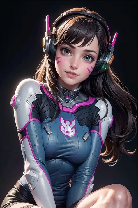 (masterpiece, best quality, highres:1.2), (photorealistic:1.4), (intricate and beautiful:1.2), (beautiful detailed eyes:1.2), (octane render), (detailed light:1.2), (soft lighting, side lighting, reflected light), (headshot), (upper body portrait), (centered), (award winning composition), 1girl, 22 years old, d.va, looking at viewer, wide smile, parted lips, (blush), (light freckles:0.6), aahana, long hair, brown hair, headphones, whisker markings, shoulder pads, blue bodysuit, ribbed bodysuit, animal print, clothes writing, long sleeves, white gloves, medium breasts, (skindentation), pale, (lustrous skin), (realistic skin texture:1.2), head tilt, sitting, (elbows on knees with head resting on her hands), (HDR:1.3), (simple dark background:1.2) <lora:d.va_v1:0.7> <lora:LowRA:0.3>