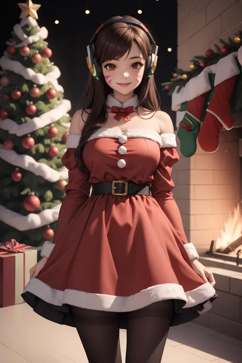 masterpiece, best quality, extremely detailed, absurdres
aahana, long hair, brown hair, headphones, whisker markings, red Christmas_dress, pantyhose, sweet smiles
<lora:d.va_v1:0.6>
standing, Christmas tree,