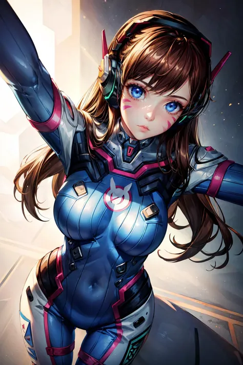 1girl, Breast view pose from above, <lora:d.va_v1:0.8> aahana, hana, dva, long hair, brown hair, headphones, whisker markings, shoulder pads, blue bodysuit, ribbed bodysuit, animal print, clothes writing, long sleeves, white gloves, ((detailed)), ((best quality)), ((masterpiece)), extremely detailed CG unity 8k wallpaper, 32k, focus sharp, <lora:add_detail:0.8> <lora:lora_perfecteyes_v1_from_v1_160:0.8> photo of perfecteyes eyes, perfecteyes eyes <lora:Light and Shadow:0.5>