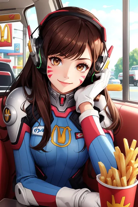 (masterpiece, best quality), intricate details,
1girl, <lora:d.va_v1:0.8> aahana, long hair, brown hair, headphones, whisker markings, shoulder pads, blue bodysuit, ribbed bodysuit, animal print, clothes writing, long sleeves, white gloves,
sitting, looking at viewer, happy, smile, cute, mcdonalds, food, french fries, hamburger,