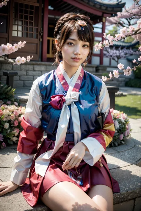 (realistic:1.3), finely detailed, quality, rembrandt lighting, (masterpiece:1.2), (photorealistic:1.2), (best quality), (detailed skin:1.3), (intricate details), dramatic, ray tracing, 1girl, 21 years old, detailed skin texture, (blush:0.5), (goosebumps:0.5), subsurface scattering, smiling, medium breasts, bbhana, long hair, brown hair, single braid, hair ornament, whisker markings, korean clothes, hanbok, long sleeves, striped sleeves, pink skirt, (bright sunny day, korean classical architecture, garden, flowers, cherry blossoms, sky), <lora:d.va_v1:0.8>