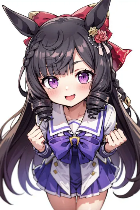 <lora:daiichi_ruby:0.8>,daiichi ruby \(umamusume\),1girl, solo, animal ears, horse ears, school uniform, simple background, white background, tracen school uniform, hair ornament, looking at viewer, purple eyes, horse girl, long hair, black hair, blush,from above, highleg, crotch, shiny,looking at viewer,smile, high quality, alternate costume, clear skin, (masterpiece, best quality, ultra detailed, detailed background, complex background), (perfect face, detailed face), perfect anatomy,{highres}