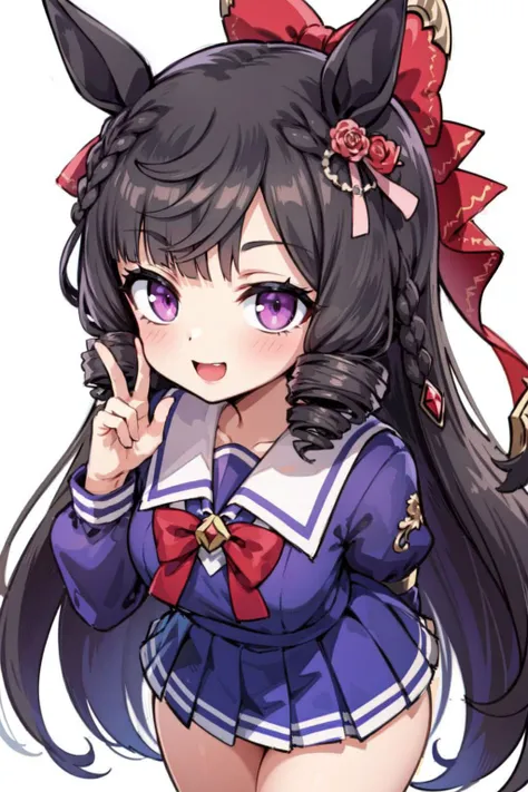 <lora:daiichi_ruby:0.8>,daiichi ruby \(umamusume\),1girl, solo, animal ears, horse ears, school uniform, simple background, white background, tracen school uniform, hair ornament, looking at viewer, purple eyes, horse girl, long hair, black hair, blush,from above, highleg, crotch, shiny,looking at viewer,smile, high quality, alternate costume, clear skin, (masterpiece, best quality, ultra detailed, detailed background, complex background), (perfect face, detailed face), perfect anatomy,{highres}