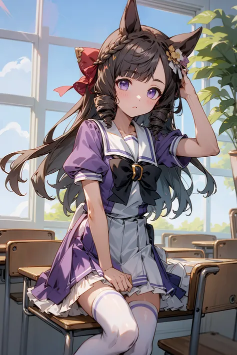 Daiichi Ruby in classroom, tracen school uniform, purple shirt, pleated skirt, puffy short sleeves, white skirt, puffy sleeves, summer uniform, frilled skirt, sailor collar, sailor shirt, miniskirt, frills, white thighhighs, by makoto shinkai, <lyco:daiichi_ruby_loha_4-000003:0.8>