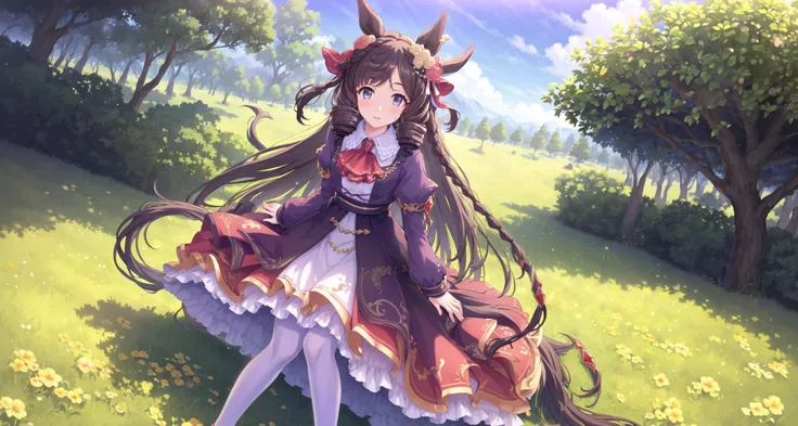 (masterpiece), (best quality), (ultra-detailed),(best shadow:0.4), (best illustration), (an extremely delicate and beautiful), photorealistic, dramatic lighting, finely detail, blue sky, grassy hill, 1girl, solo, daiichi ruby \(umamusume\), finely detailed iris, standing, <lora:daiichiRubyUmamusume_loha:0.9>, red ascot, puffy long sleeves, collared dress, frilled dress, purple dress, white pantyhose, feet out of frame, standing, :|, from above, looking looking at viewer, arms at sides,