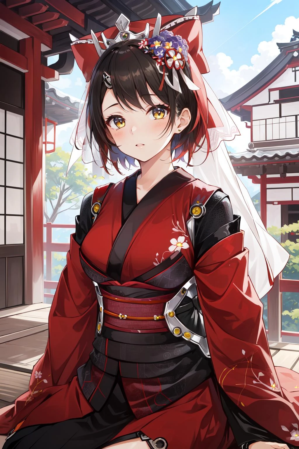 (masterpiece, best quality), intricate details,
1girl, <lora:hololive_roboco-san-10:0.8> roboconewyr, android, hair ornament, hair bow, japanese clothes, red kimono, sash, obi, roboco8th, android, mechanical arms, hair ornament, veil, black dress, purple flower,
outdoors, japanese style house, seiza,