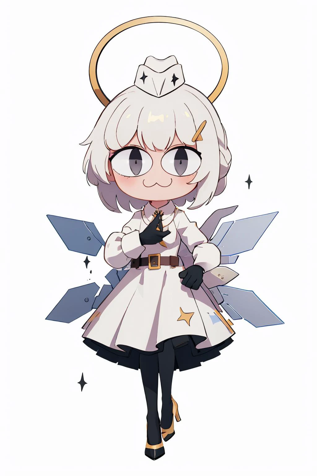 (masterpiece, best quality:1.2), chibi, solo, 1girl, necoarc, livempyrea, :3, slit pupils, mechanical halo, garrison cap, white hair, hair ribbon, sidelocks, grey eyes, braid, collared dress, white dress, long dress, short necktie, long sleeves, white sleeves, black armbands, black gloves, mechanical wings, low wings, black belt, black pantyhose, black footwear, high heels <lora:necoarc:1> <lora:livempyrea:0.8>