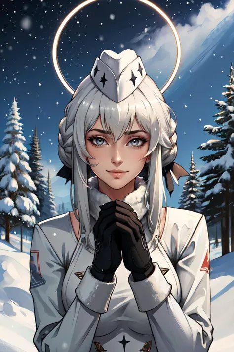 (masterpiece,best quality,absurdres),outside,snowing,livempyrea, mechanical halo, garrison cap, white hair, hair ribbon, sidelocks, grey eyes, braid,fur coat,mittens,slight smile<lora:livempyrea:0.8>