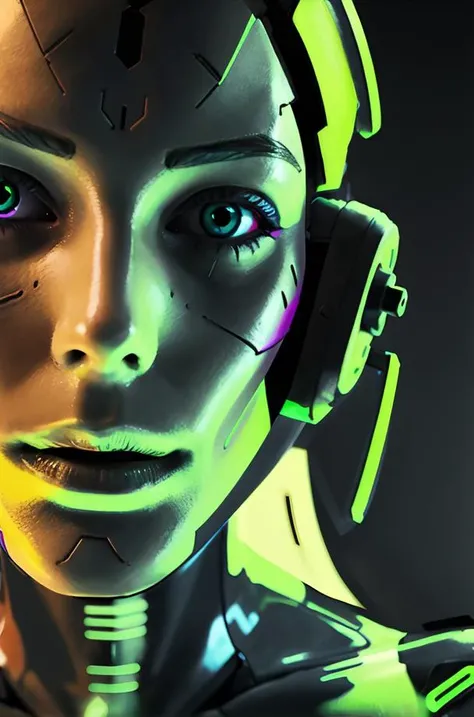 close up, half body, android woman, hi color <lora:android_v3:.5>, neon, cyberpunk