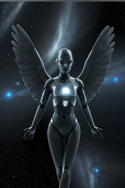 android <lora:android_v3:.5>, organic body, large:2 angel wings black, space and stars background