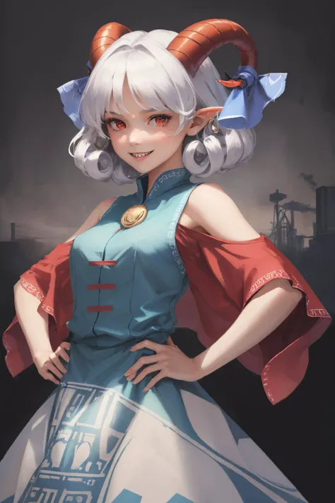 (masterpiece, best quality:1.2), <lyco:touhou_toutetsu-14:1.0>, cowboy shot, solo, 1girl, toutetsu yuuma, sharp teeth, smile, looking at viewer, hands on hips, horn ribbon, horn ornament, horizontal pupils, blue dress, red sleeves, detached sleeves, jewelry, earrings