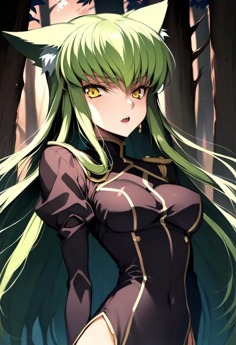 1girl, cc, Code Geass, masterpiece, best quality, aesthetic, absurdres, early, mid, (green hair:1.1), yellow eyes, (medium breasts), wolf ears, fangs, <lora:SDXL_LORA_CHARACTER_CC_V1:1>, close up shot, dress, chilling in the forest,