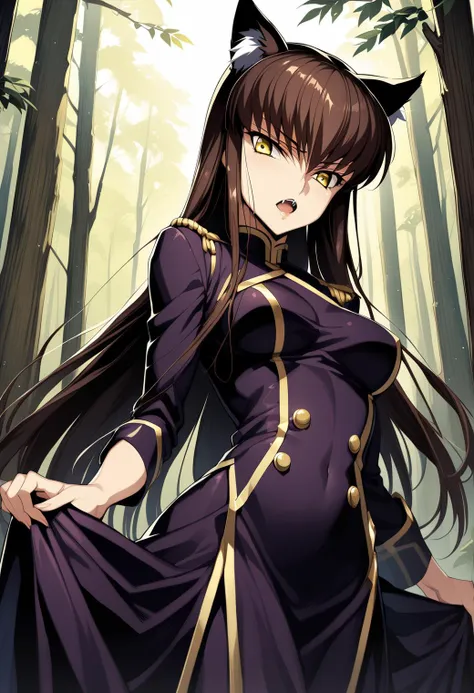 1girl, cc, Code Geass, masterpiece, best quality, aesthetic, early, mid, (brown hair), yellow eyes, (medium breasts), close up shot, fangs, wolf ears, <lora:SDXL_LORA_CHARACTER_CC_V1:0.8>, confident, 20th century dress, in forest,