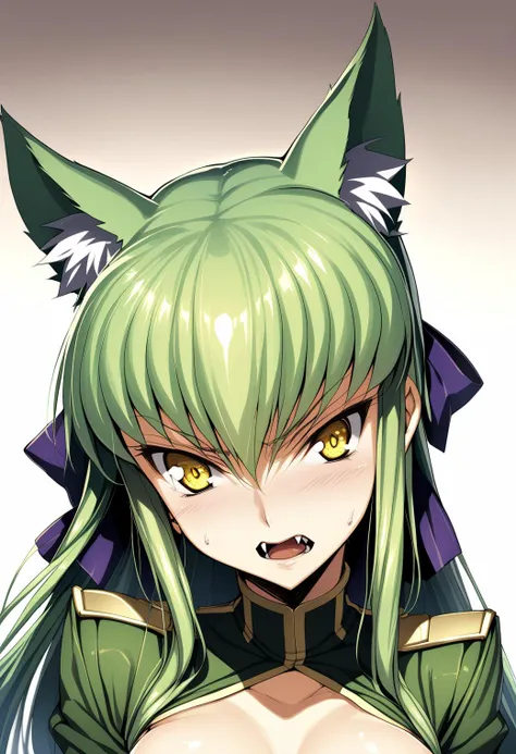 1girl, cc, Code Geass, masterpiece, best quality, aesthetic, early, mid, (green hair), yellow eyes, (medium breasts), close up shot, fangs, wolf ears, <lora:SDXL_LORA_CHARACTER_CC_V1:0.8>, embarassed,