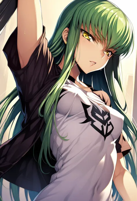 1girl, cc, Code Geass, masterpiece, best quality, aesthetic, early, mid, (green hair), yellow eyes, (medium breasts), <lora:SDXL_LORA_CHARACTER_CC_V1:0.8>, close up shot, League of Legends t-shirt,