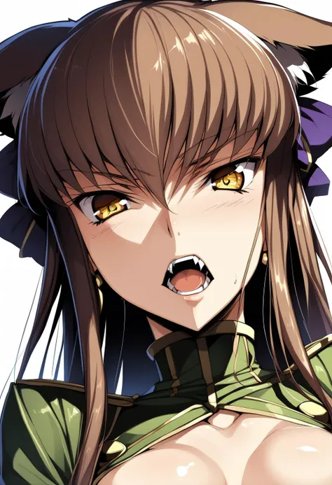 1girl, cc, Code Geass, masterpiece, best quality, aesthetic, early, mid, (brown hair), (medium breasts), close up shot, fangs, wolf ears, <lora:SDXL_LORA_CHARACTER_CC_V1:0.8>,