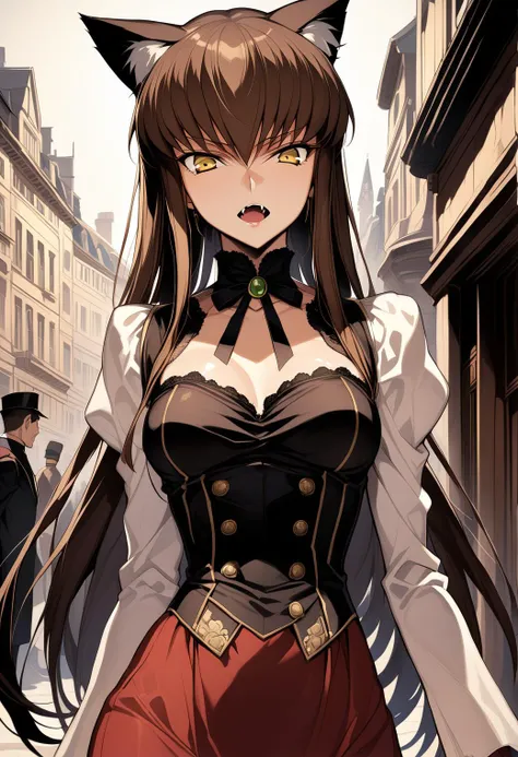 1girl, cc, Code Geass, masterpiece, best quality, aesthetic, early, mid, (brown hair:1.4), yellow eyes, (medium breasts), close up shot, fangs, (cat ears:1.2), <lora:SDXL_LORA_CHARACTER_CC_V1:0.8>, confident, luxurious 19th century European dress, in 19th century European city,