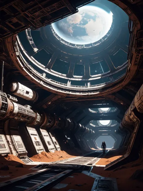DonM0ccul7Ru57XL, A rust-infested space station orbiting a desolate planet, with haunting, eerie corridors and abandoned sci-fi tech <lora:DonM0ccul7Ru57XL:1>. dynamic, cinematic, masterpiece, intricate