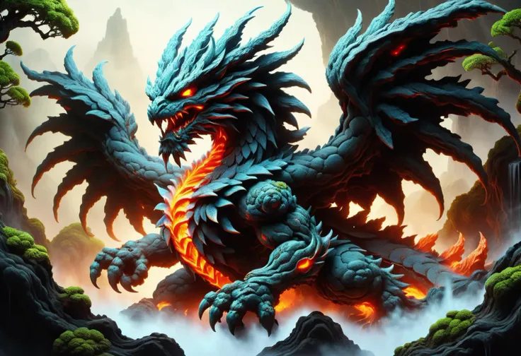 hyper detailed masterpiece, dynamic, awesome quality,a a fantasy fertile plant streamlined Ryu, lava skin, claws, no legs webbed legs, two icey wings, of ral-mold <lora:ral-mold:0.6> <lora:DonM0ccul7Ru57XL:0.6> DonM0ccul7Ru57XL