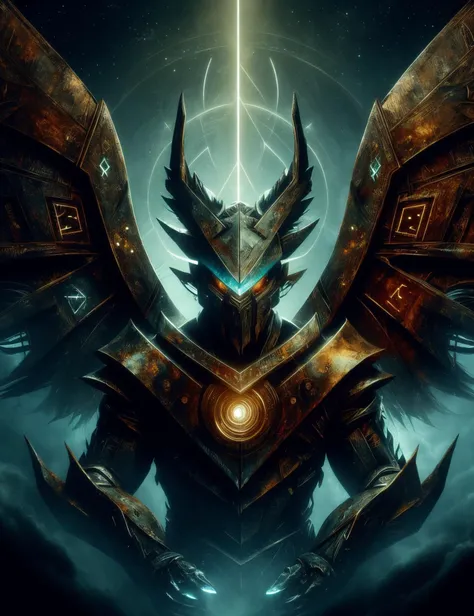 hyper detailed masterpiece, dynamic, awesome quality, male female fifty-something, sturdy, sub-saharan african, light blue eyes, gauged ears, v-shaped jaw, angular cheeks, triangle face shape, chiseled chest, freckles, teal top knot hair, trust, practicing runic writing with devotion, strengthening their magic, angelic wings enigma, enchantment , observing patterns in the movements of magical creatures, decoding their behavior, ethereal light, halo, a desolate, fog-covered moor, with an eerie sense of isolation ,rust,runic<lora:DonM0ccul7Ru57-000006:1.0>