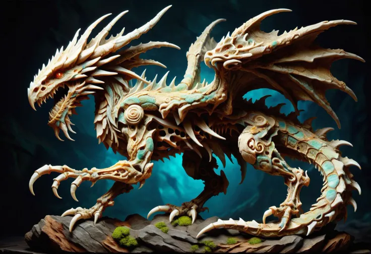 hyper detailed masterpiece, dynamic, awesome quality,a a organic rocky crystal stocky Ludroth wyvern, bones skin, frills, bony head, no legs insectoid legs, coiled tails, of ral-mold <lora:ral-mold:0.6> <lora:DonM0ccul7Ru57XL:0.6> DonM0ccul7Ru57XL