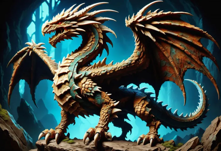 hyper detailed masterpiece, dynamic, awesome quality,a a scaled rocky illusion stocky Gigginox wyvern, bones skin, crest, no legs hoofed legs, annulated horns finned tails, of ral-mold <lora:ral-mold:0.6> <lora:DonM0ccul7Ru57XL:0.6> DonM0ccul7Ru57XL