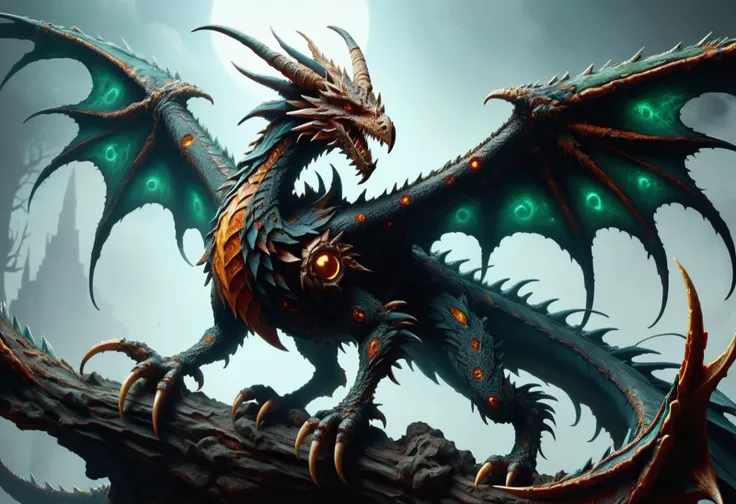 hyper detailed masterpiece, dynamic, awesome quality,a a webbed eclipse radiation drake-like Wyvern, wing spines, horned head, short bird-like legs, of ral-mold <lora:ral-mold:0.6> <lora:DonM0ccul7Ru57XL:0.6> DonM0ccul7Ru57XL
