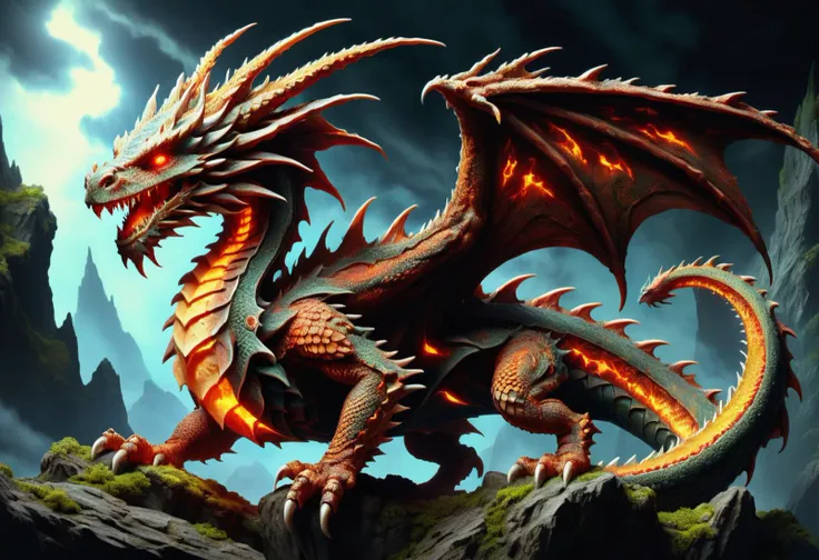 hyper detailed masterpiece, dynamic, awesome quality,a a networked enigmatic magma drake-like  European Dragon,  tail barb,       of ral-mold <lora:ral-mold:0.6> <lora:DonM0ccul7Ru57XL:0.6> DonM0ccul7Ru57XL