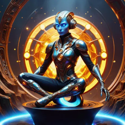 hyper detailed masterpiece, dynamic, awesome quality,DonM0ccul7Ru57XL , female nanotechnologist, aquatic intelligence- graceful being with iridescent, webbed appendages and glistening scales, geriatric, muscular, russian, brown eyes, lobed ears, bulbous nose, high jawline, hollow cheeks, elegantly arched feet, freckles, caramel straight haircut hair, pity,
holding futuristic weaponry with a bold stance.,
wearing sonic soundwave leg warmers, levitating wrap cardigan, virtuality slip-on sneakers, , displaying bionic limbs or other augmentations., extraterrestrial federation embassy, holographic solar absorbers, outdoor fire pit,campfires, cove lighting ,rust,runic<lora:DonM0ccul7Ru57XL-000006:0.8>