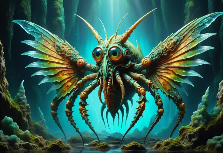 hyper detailed masterpiece, dynamic, awesome quality,a a nestled aqueous order coiled Zmey Gorynych, fins, snouted head, long insectoid legs, four crystal wings, finned tails, of ral-mold <lora:ral-mold:0.6> <lora:DonM0ccul7Ru57XL:0.6> DonM0ccul7Ru57XL