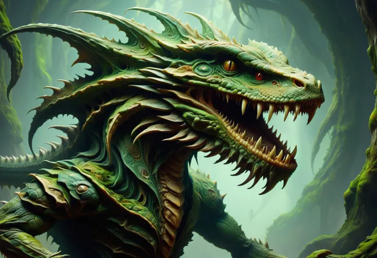 hyper detailed masterpiece, dynamic, awesome quality,a a unearthly breezy nature elongated Amphiptere, fangs, reptilian head, finned tails, of ral-mold <lora:ral-mold:0.6> <lora:DonM0ccul7Ru57XL:0.6> DonM0ccul7Ru57XL