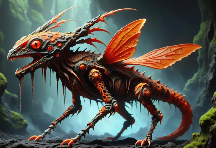 hyper detailed masterpiece, dynamic, awesome quality,a a fluidic breezy order streamlined Mushussu, lava skin, tail barb, insectoid head, short bird-like legs, of ral-mold <lora:ral-mold:0.6> <lora:DonM0ccul7Ru57XL:0.6> DonM0ccul7Ru57XL