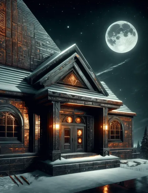 hyper detailed masterpiece, dynamic, awesome quality,DonM0ccul7Ru57, vr illusionist's hideaway, brick,granite,polycarbonate roofing roof, reflective moonlight on snow, rim lighting ,rust,runic<lora:DonM0ccul7Ru57-000006:1.0>
