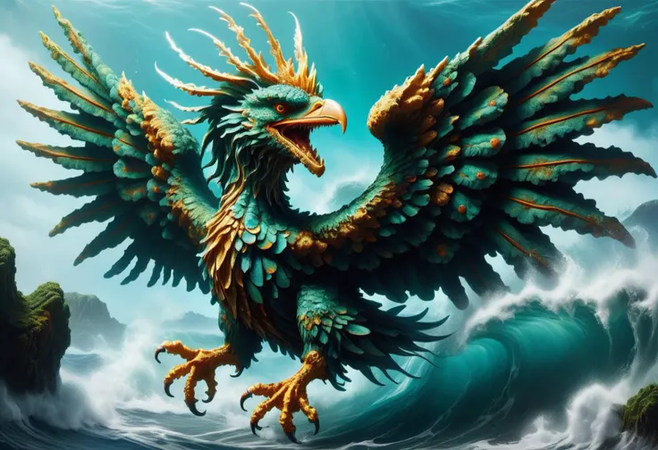 hyper detailed masterpiece, dynamic, awesome quality,a a pulsating oceanic water robust Yong, frills, sextet of ruffled wings, of ral-mold <lora:ral-mold:0.6> <lora:DonM0ccul7Ru57XL:0.6> DonM0ccul7Ru57XL