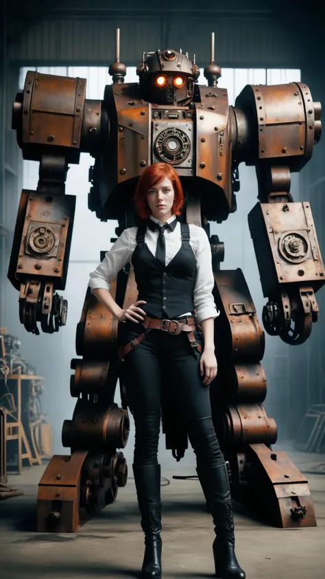 DonM0ccul7Ru57XL, Photograph of a steampunk woman, steampunk cosplay, short layered red hair, standing in front of giant rusty mech, in a dark rusty garage filled with rusty electronic equipment, film noir vibe, centered image, symmetrical, <lora:DonM0ccul7Ru57XL:0.6>