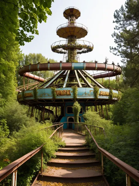 DonM0ccul7Ru57XL, A rusty, abandoned amusement park, with overgrown botanical gardens and biomimetic sculptures <lora:DonM0ccul7Ru57XL:0.8>. dynamic, cinematic, masterpiece, intricate