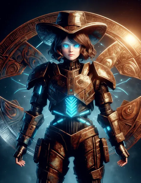 hyper detailed masterpiece, dynamic, awesome quality, female event planner, legal age, strong, greek, light blue eyes, unusual nose, round chin with cleft, symmetrical cheeks, costume makeup , auburn wavy haircut hair, sarcasm, bioluminescent glow, character stands tall, radiating an otherworldly glow from bioengineered enhancements, wearing blush neural-linked nanomaterial plasma-mesh culottes, electromagnetic nanofiber dystopian camouflage print augmented reality gaucho pants, cyber-silk sun hat, , summoning stance, arms raised, calling upon mystical forces, high-tech low-life ,rust,runic<lora:DonM0ccul7Ru57-000006:1.0>