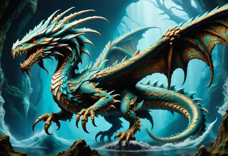 hyper detailed masterpiece, dynamic, awesome quality,a a ethereal liquid water snakelike Akantor wyvern, scales skin, crest, no legs digitigrade legs, aquatic tails, of ral-mold <lora:ral-mold:0.6> <lora:DonM0ccul7Ru57XL:0.6> DonM0ccul7Ru57XL