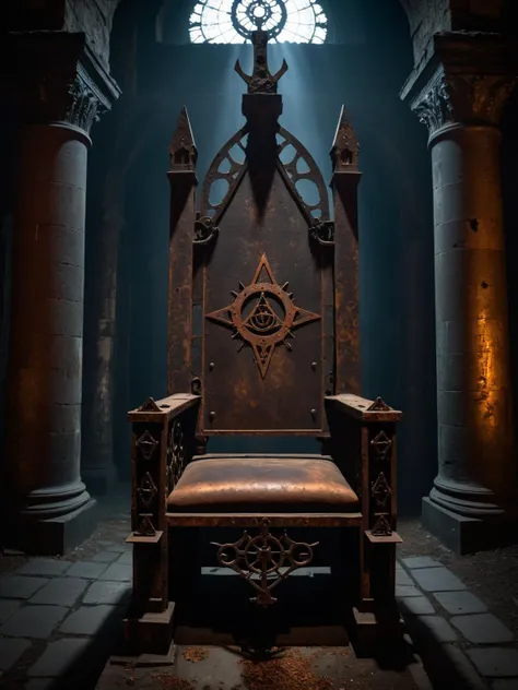 DonM0ccul7Ru57XL, An ancient rusted throne in a dark, haunted castle, surrounded by eerie, occult artifacts and stygian shadows <lora:DonM0ccul7Ru57XL:0.7>. dynamic, cinematic, masterpiece, intricate