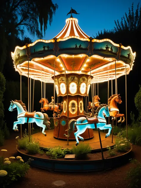 DonM0ccul7Ru57XL, A whimsical scene of a rusty, old-fashioned carousel in a magical, overgrown garden, with bioluminescent plants <lora:DonM0ccul7Ru57XL:0.7>. dynamic, cinematic, masterpiece, intricate