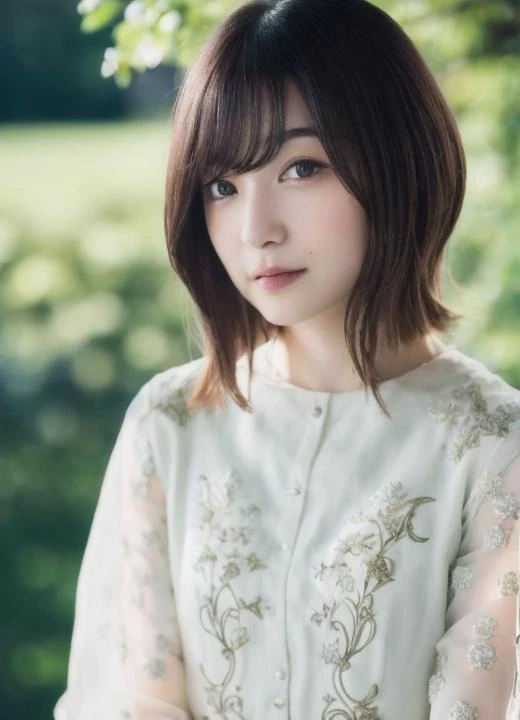 ((Top Quality)), ((8K)), ((Masterpiece: 1.3)), (Perfect Appearance), (Photorealism: 1.6), (Japanese woman's standing posture), (woman standing under wisteria trellis), japanese woman, (48 years old), ((Realistic skin texture)), (Fine wrinkles throughout the skin: 1.2), (Dull skin), (Skin without moisture) , (Wrinkles on the face: 0.9), (Wrinkles on the corners of the eyes: 1.2), Double eyelids, tear bags on the lower eyelids, The eyes are looking here, serious gaze, (Dimples: 1.2), short hairstyle, sitting, jacket over white blouse, high heels, (whole bod), low angle, minami,