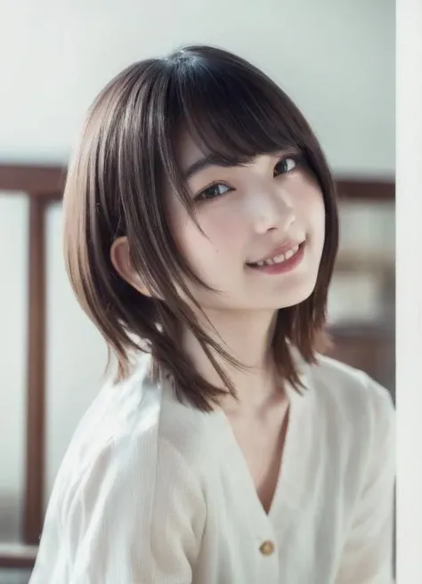 (shama, short hair,)swept left bangs, smile,soft light, best lighting, (RAW photo, best quality), (realistic, photo-realistic:1), masterpiece, an extremely delicate and beautiful, extremely detailed, 2k wallpaper, Amazing, finely detail, extremely detailed CG unity 8k wallpaper, ultra-detailed, highres, soft light, beautiful detailed girl, detailed face, extremely detailed eyes and face, beautiful detailed nose, beautiful detailed eyes, slender body, <lora:shama-06:1>, smile, indoors, dynamic pose, look at camera, front camerawide shot, gravure,