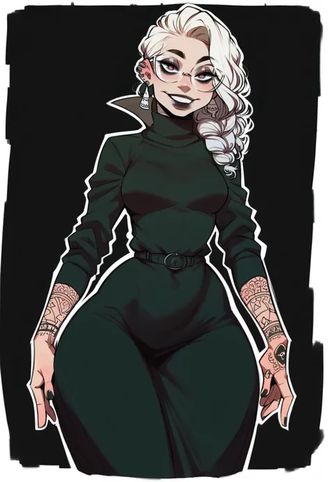 score_9, score_8_up, score_7_up, masterpiece, best quality, highly detailed, shading, Goth woman, perfect face, beautiful eyes, perfect eyes, beautiful face, dark lipstick, wearing glasses, happy, smiling, perfect white teeth, long curly white hair, side braid, medium breasts, ear piercings, wide hips, beautiful turtleneck dress, covered, long skirt, black boots, tattoos, hair accessories, deep black background, thick white outline surrounding just the character, character looking down at the viewer, <lora:IlyaKuvshinovXL:1>, <lora:Incase_PDXLV1:1>
