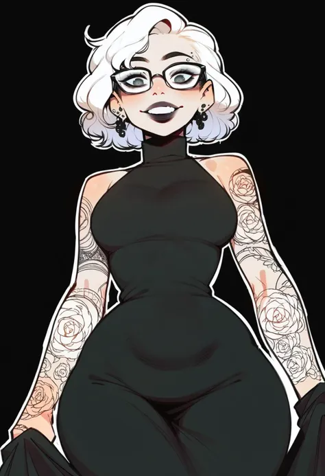 score_9, score_8_up, score_7_up, masterpiece, best quality, highly detailed, shading, Goth woman, perfect face, beautiful eyes, perfect eyes, thick eye lashes, beautiful face, dark makeup, dark lipstick, wearing glasses, happy, smiling, perfect white teeth, long curly white hair, side braid, medium breasts, ear piercings, curvy, wide hips, beautiful turtleneck dress, covered, thigh high lace stockings, long skirt, black boots, tattoos, hair accessories, deep black background, thick white outline surrounding just the character, POV from the ground up, character looking down at the viewer, <lora:IlyaKuvshinovXL:1>, <lora:Incase_PDXLV1:1>