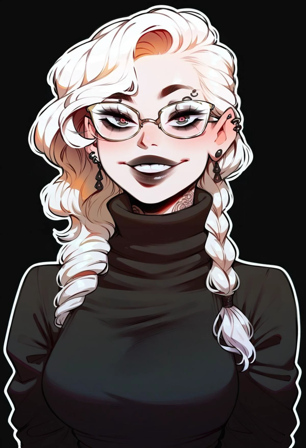 score_9, score_8_up, score_7_up, masterpiece, best quality, highly detailed, shading, Goth woman, perfect face, beautiful eyes, perfect eyes, thick eye lashes, beautiful face, dark makeup, dark lipstick, wearing glasses, happy, smiling, perfect white teeth, long curly white hair, side braid, medium breasts, ear piercings, curvy, wide hips, beautiful turtleneck dress, covered, thigh high lace stockings, long skirt, black boots, tattoos, hair accessories, deep black background, thick white outline surrounding just the character, POV from the ground up, character looking down at the viewer, <lora:IlyaKuvshinovXL:1>, <lora:Incase_PDXLV1:1>