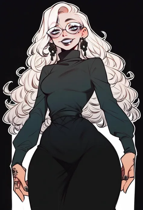 score_9, score_8_up, score_7_up, masterpiece, best quality, highly detailed, shading, Goth woman, perfect face, beautiful eyes, perfect eyes, beautiful face, dark lipstick, wearing glasses, happy, smiling, perfect white teeth, long curly white hair, side braid, medium breasts, ear piercings, wide hips, beautiful turtleneck dress, covered, long skirt, black boots, tattoos, hair accessories, deep black background, thick white outline surrounding just the character, character looking down at the viewer, <lora:IlyaKuvshinovXL:1>, <lora:Incase_PDXLV1:1>