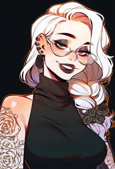 score_9, score_8_up, score_7_up, masterpiece, best quality, highly detailed, shading, Goth woman, perfect face, beautiful eyes, perfect eyes, beautiful face, dark lipstick, wearing glasses, happy, smiling, perfect white teeth, long curly white hair, side braid, medium breasts, ear piercings, wide hips, beautiful turtleneck dress, covered, long skirt, black boots, tattoos, hair accessories, deep black background, thick white outline surrounding just the character, character looking down at the viewer, <lora:IlyaKuvshinovXL:1>, <lora:Incase_PDXLV1:1>